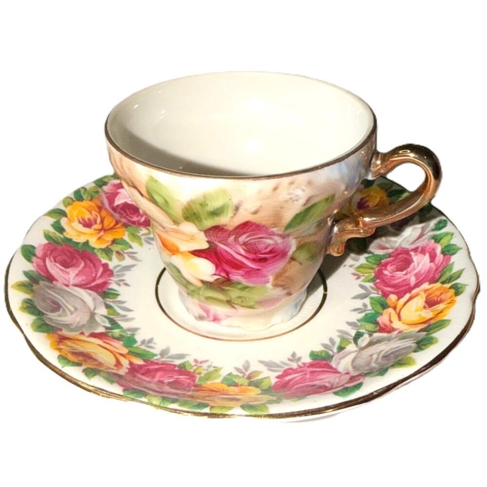 Vintage Floral Porcelain Teacup and Saucer - Pink & Yellow Roses
